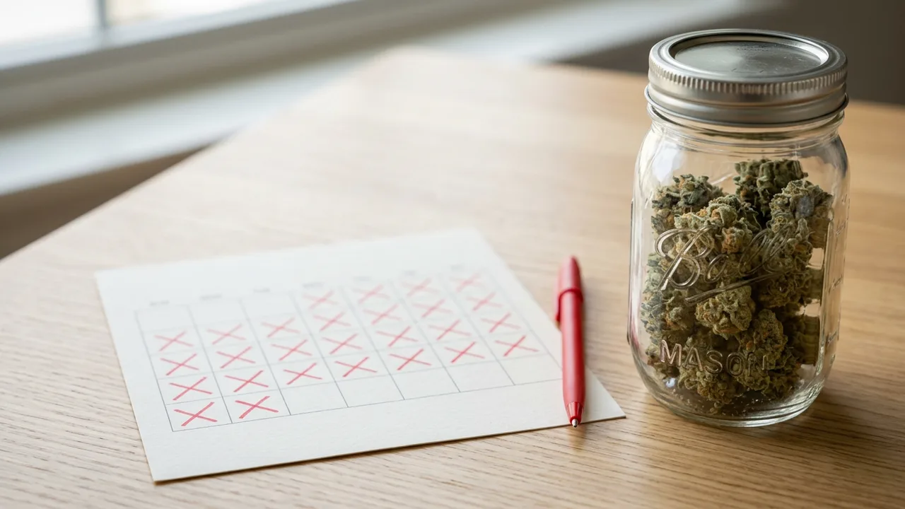 Calendar marking 28-day tolerance break next to sealed jar of cannabis flower in morning light.