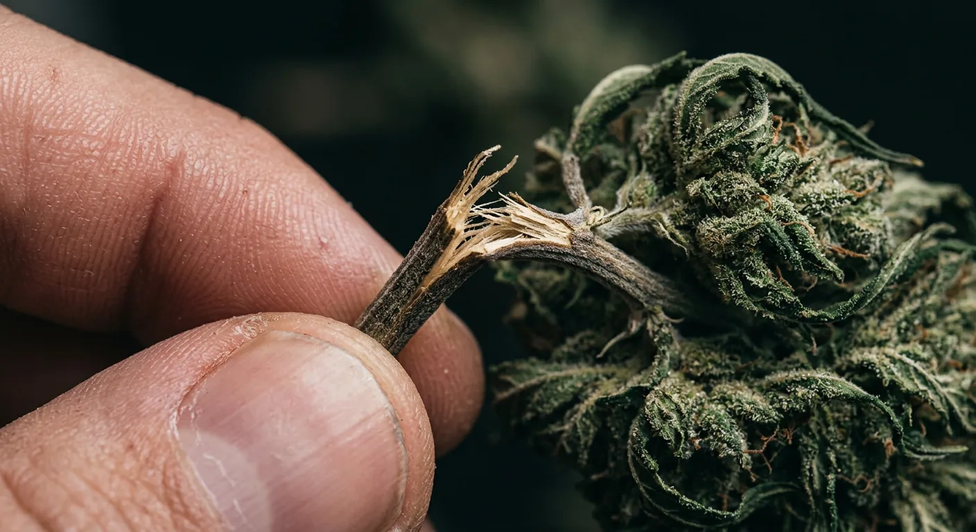 Stem snap test showing a small branch cleanly breaking — a sign the outer structure is ready for jars.