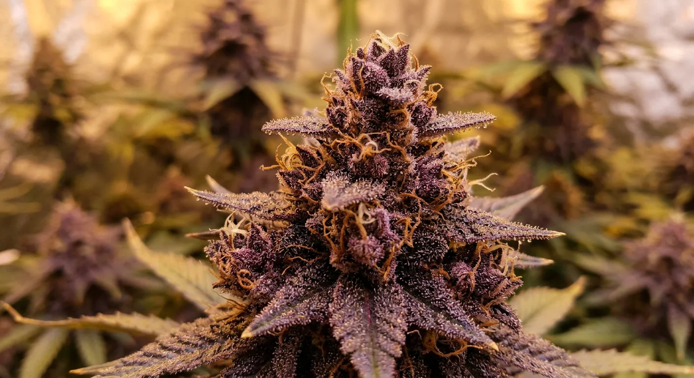 Deep purple indica buds with heavy trichome coverage — typical of nighttime pain strains like Purple Kush