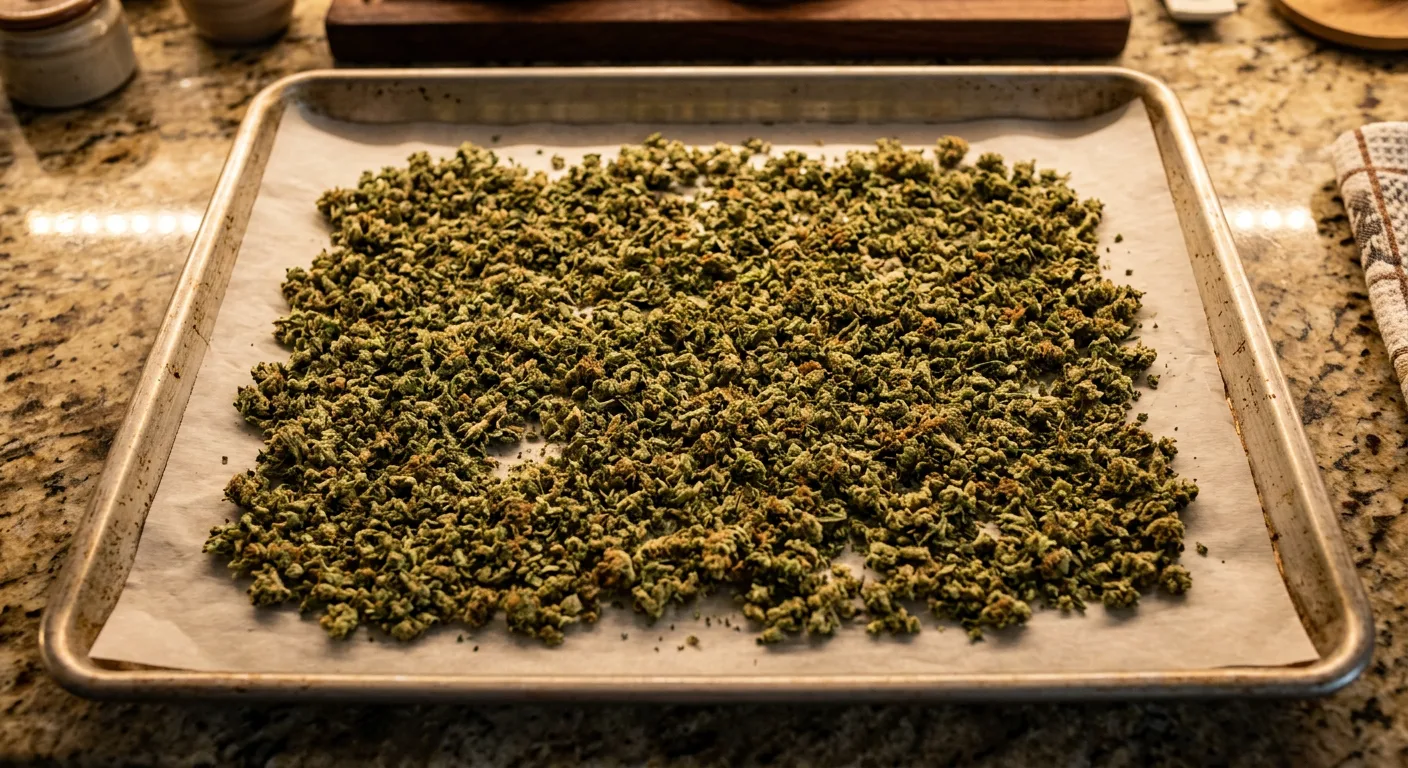 Ground cannabis spread on parchment paper, ready for decarb at 240°F