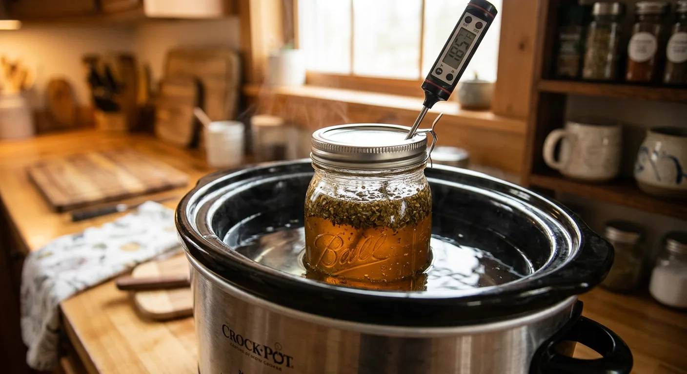 Mason jar of honey and decarbed flower in a slow-cooker water bath