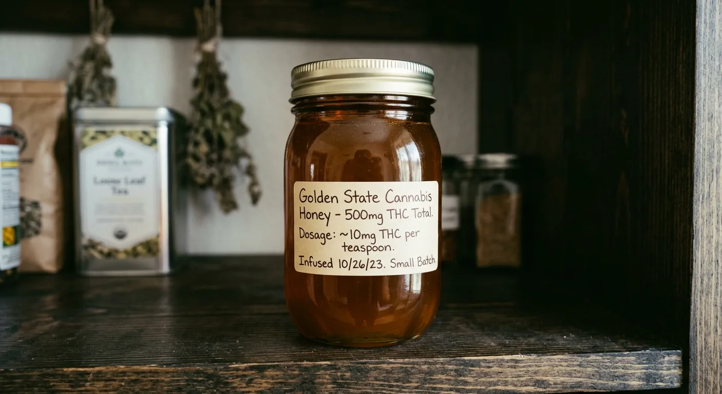 Labeled amber jar of cannahoney stored in a cool, dark pantry for maximum shelf life