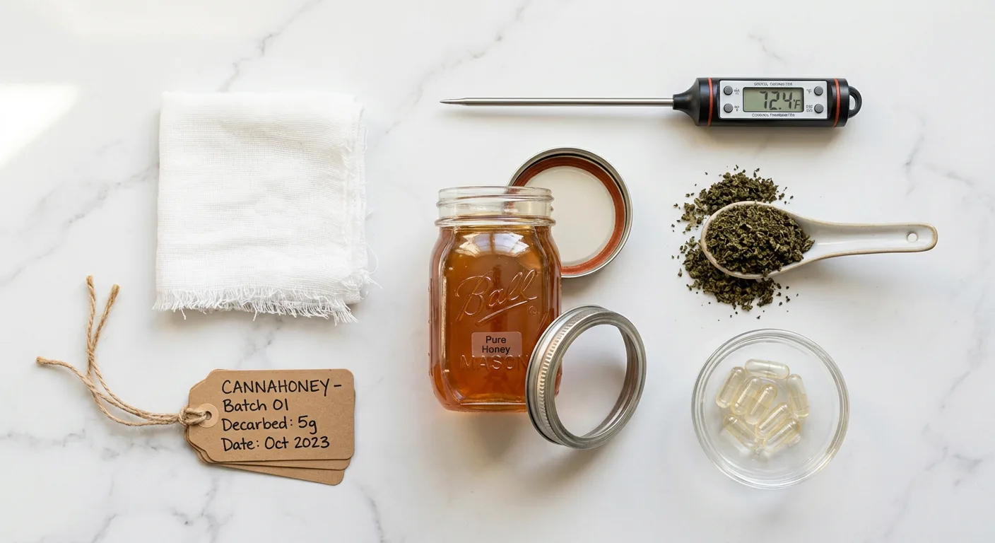 Complete cannahoney-making supplies laid out before starting the infusion process