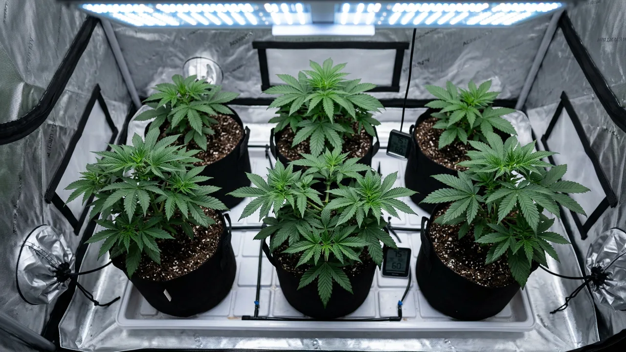 Young cannabis plants with dense green foliage under blue-white LED lights in a grow tent, viewed from above.