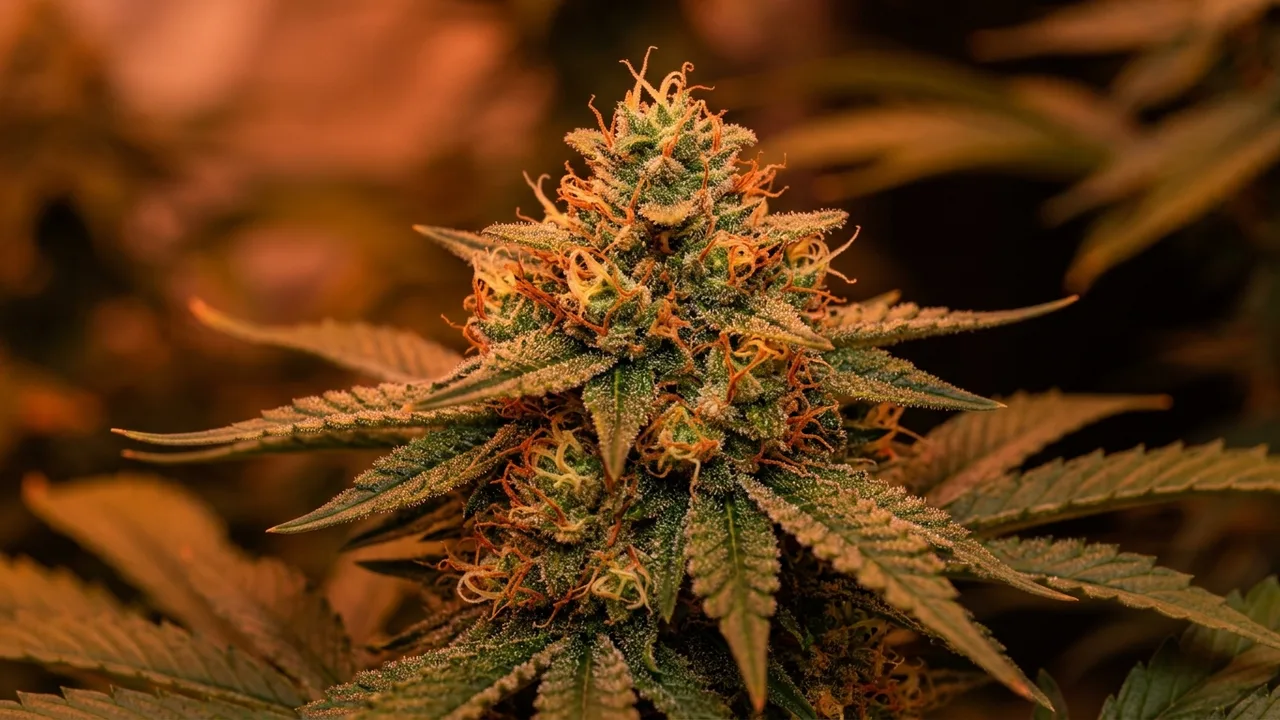 Dense cannabis flower under red-orange LED light showing trichomes and orange pistils in macro detail.
