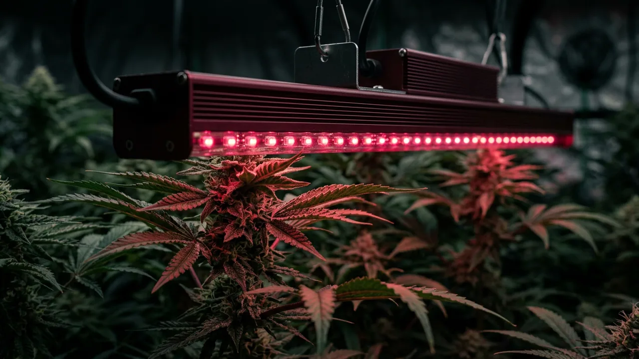 Far-red LED bar glowing deep crimson above cannabis plants in darkened grow environment, demonstrating spectral lighting technology.
