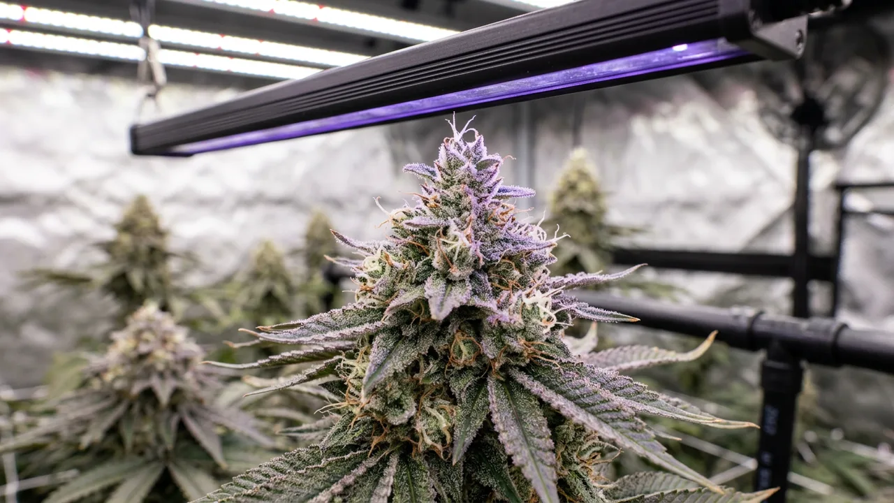 UV-A LED bar casting purple glow over late-stage cannabis buds with visible trichomes in a controlled grow room.