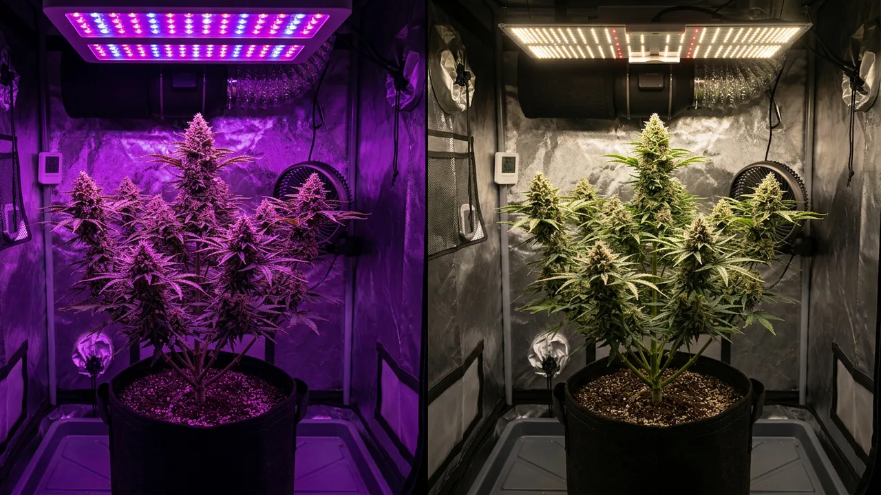 Cannabis plant comparison under purple blurple LED left versus warm-white full-spectrum LED right, same variety and growing conditions.