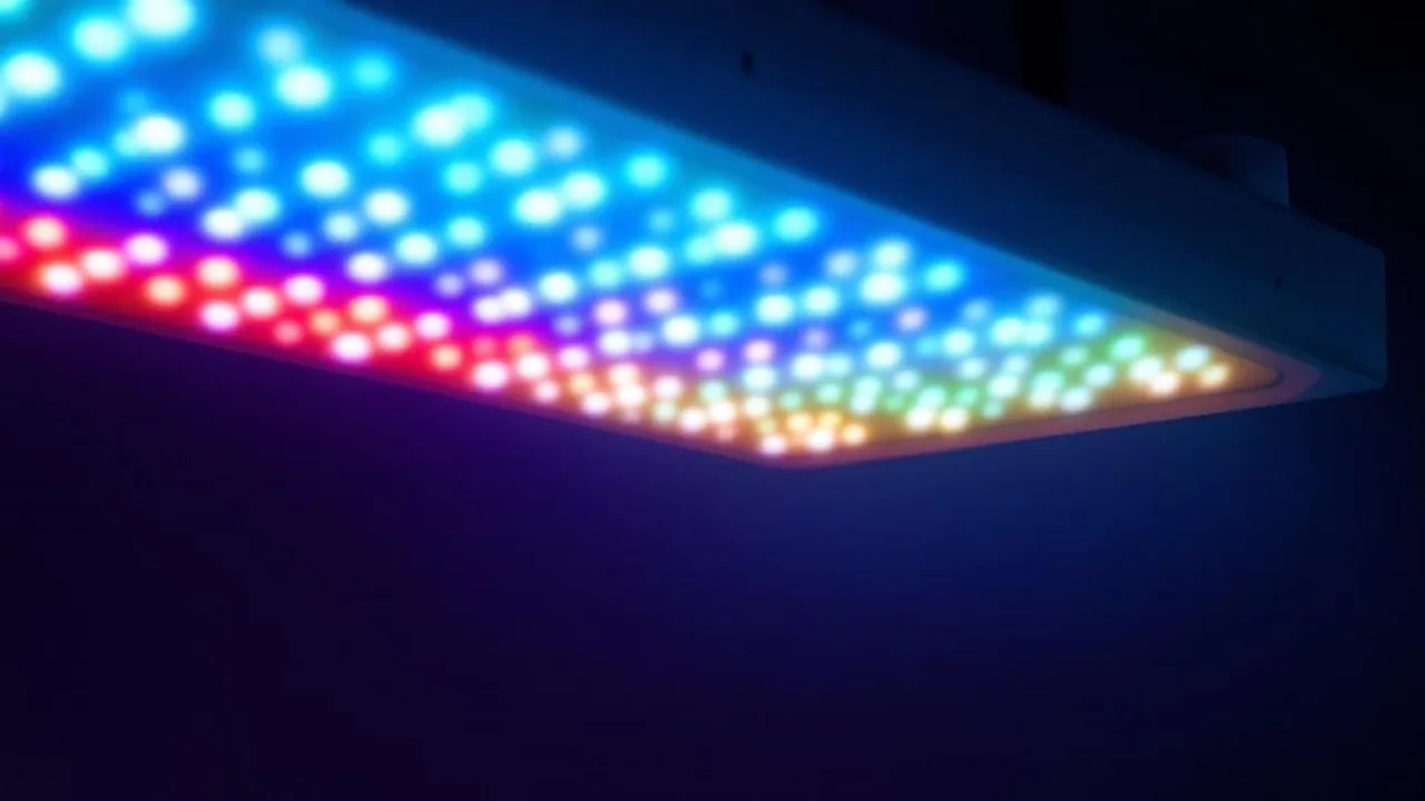 Tunable LED grow light with color-mixing diodes and control panel displaying spectrum adjustment sliders for blue, red, green, and far-red w