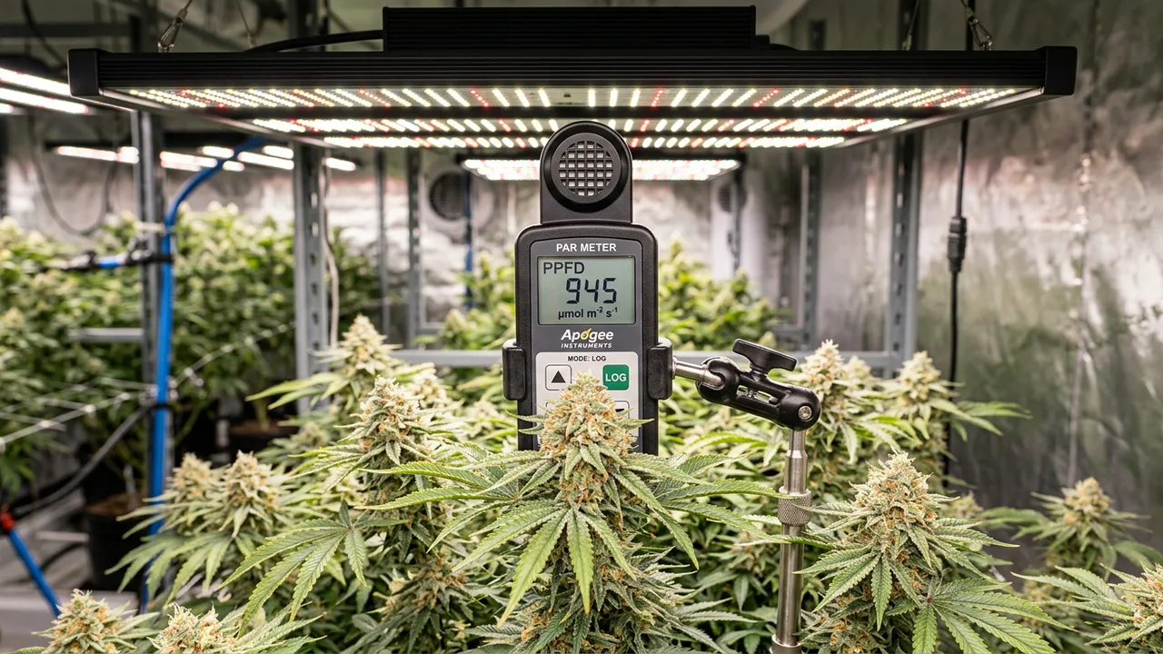 Quantum PAR meter displaying PPFD reading at cannabis canopy height under full-spectrum LED grow lights during flowering stage.