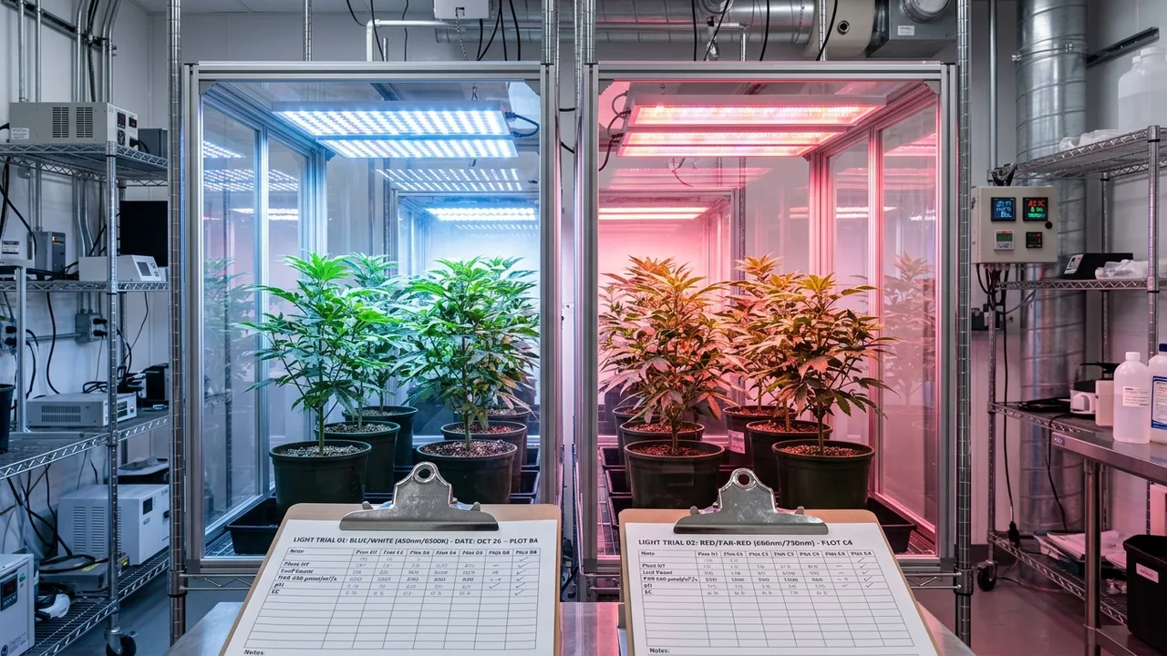 Controlled cannabis research lab with multiple grow chambers under different colored lights, clipboards tracking experimental data.