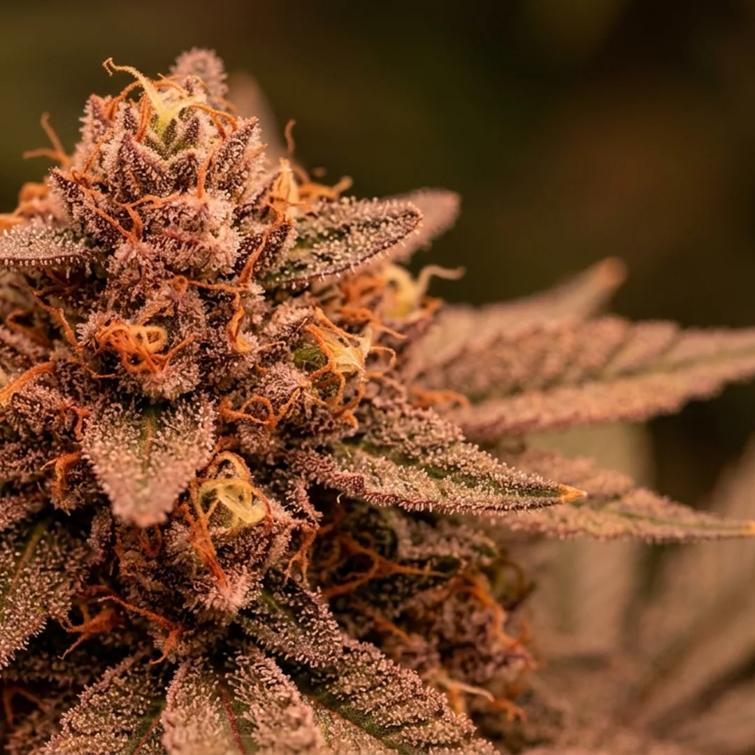 Dense cannabis flower in week 6 flowering under red-spectrum LED, showing crystalline trichomes covering the calyxes in macro detail.