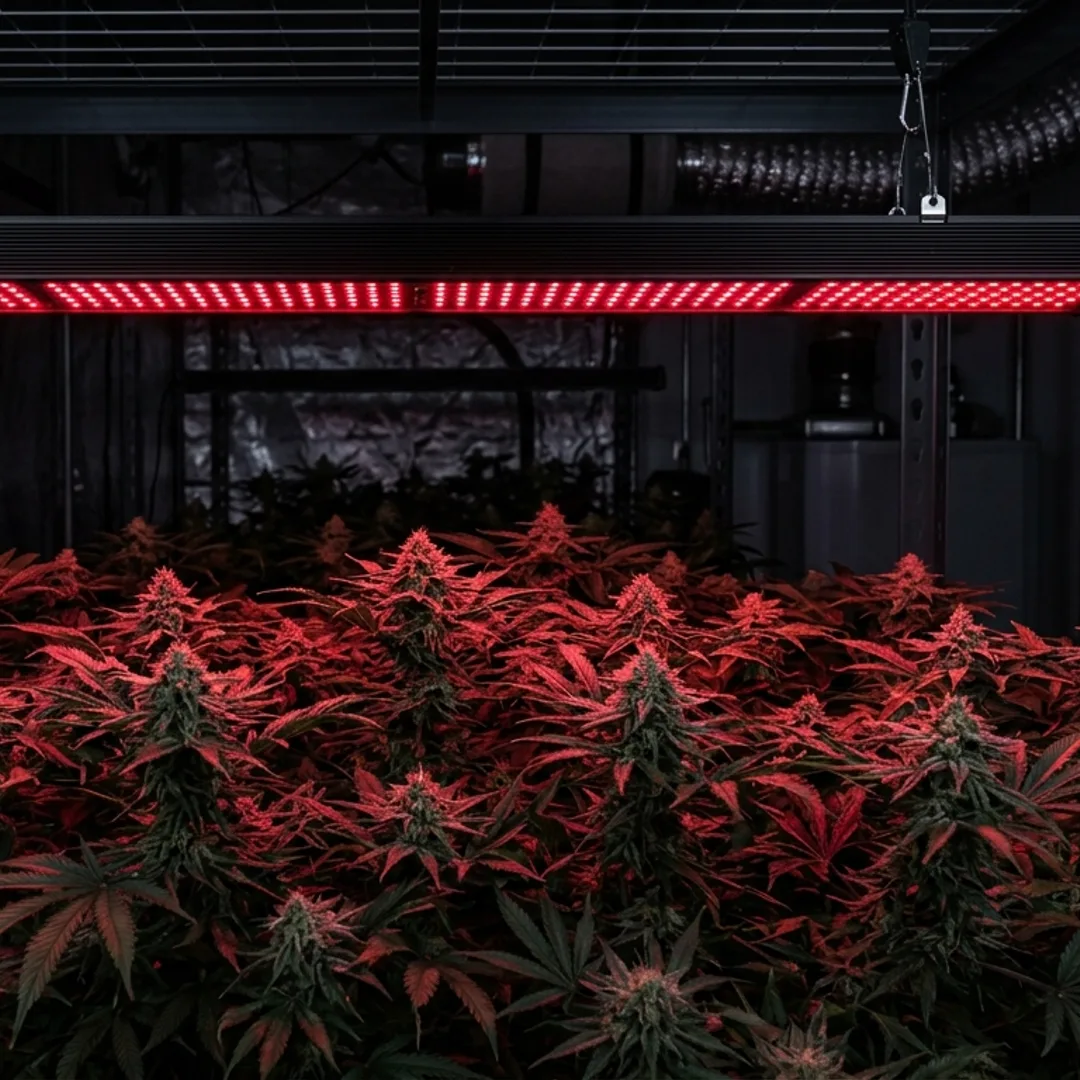 Far-red LED bar glowing deep crimson above cannabis plants in darkened grow room during end-of-day lighting cycle.