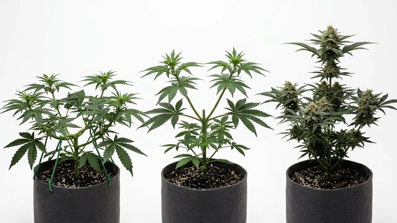Three cannabis plants demonstrating training techniques: one with bent stems tied down, one topped, one under reduced lighting.