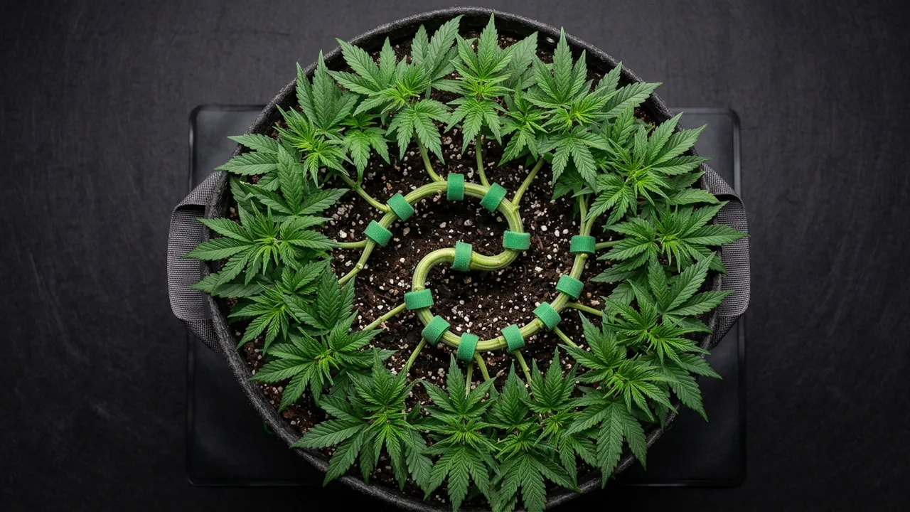 Cannabis plant with spiraled main stem secured by green ties in fabric pot, displaying even lateral growth shoots.