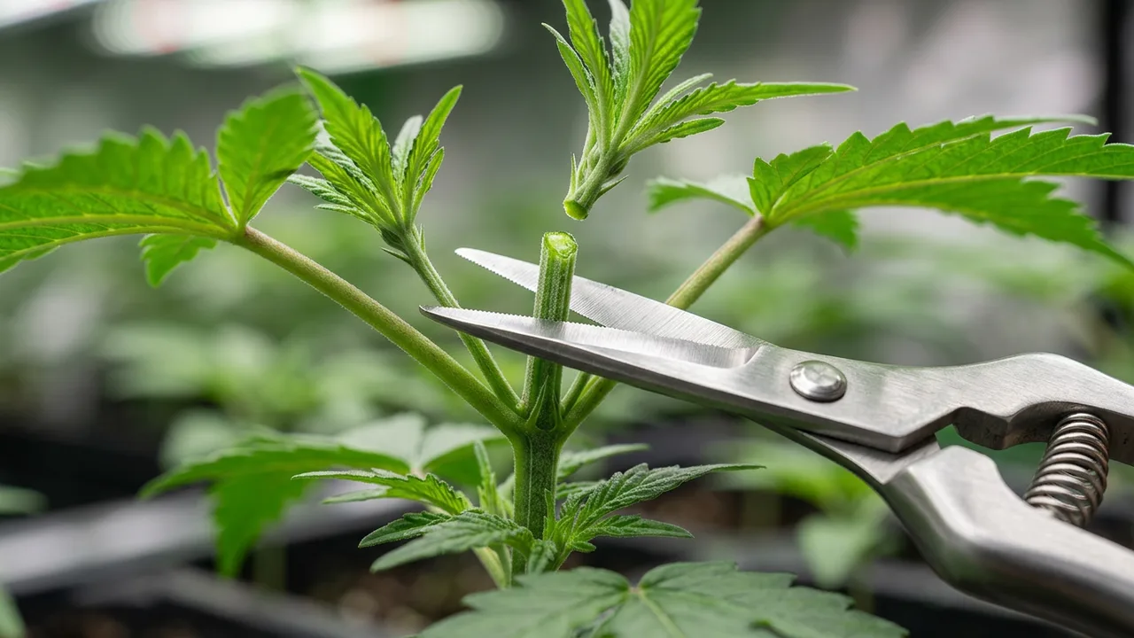 Sharp stainless scissors cleanly cutting cannabis plant growth tip between nodes during topping technique.
