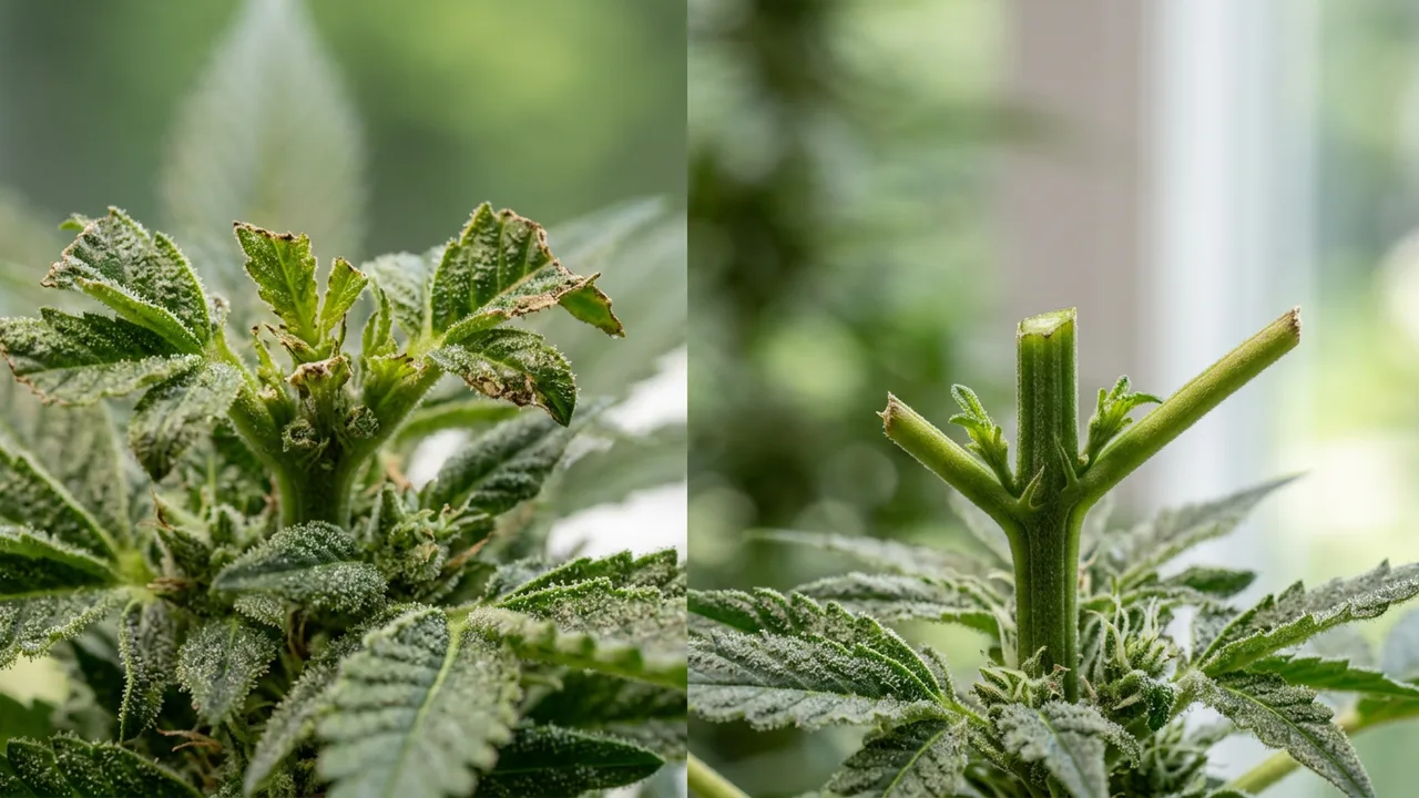 Macro view of cannabis growth tip with partially torn leaves from a FIM cut, showing messy technique in natural light.
