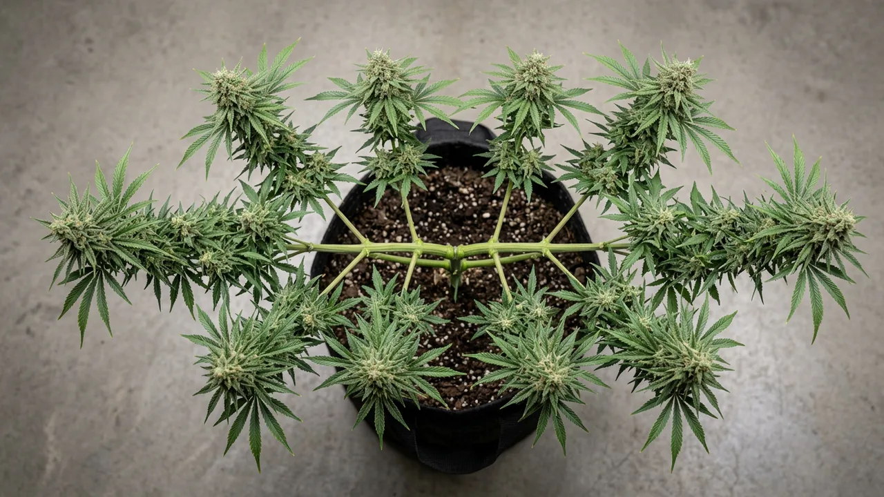 Overhead view of symmetrical 8-cola cannabis plant with hub-and-spoke manifold structure and flat canopy in black pot.