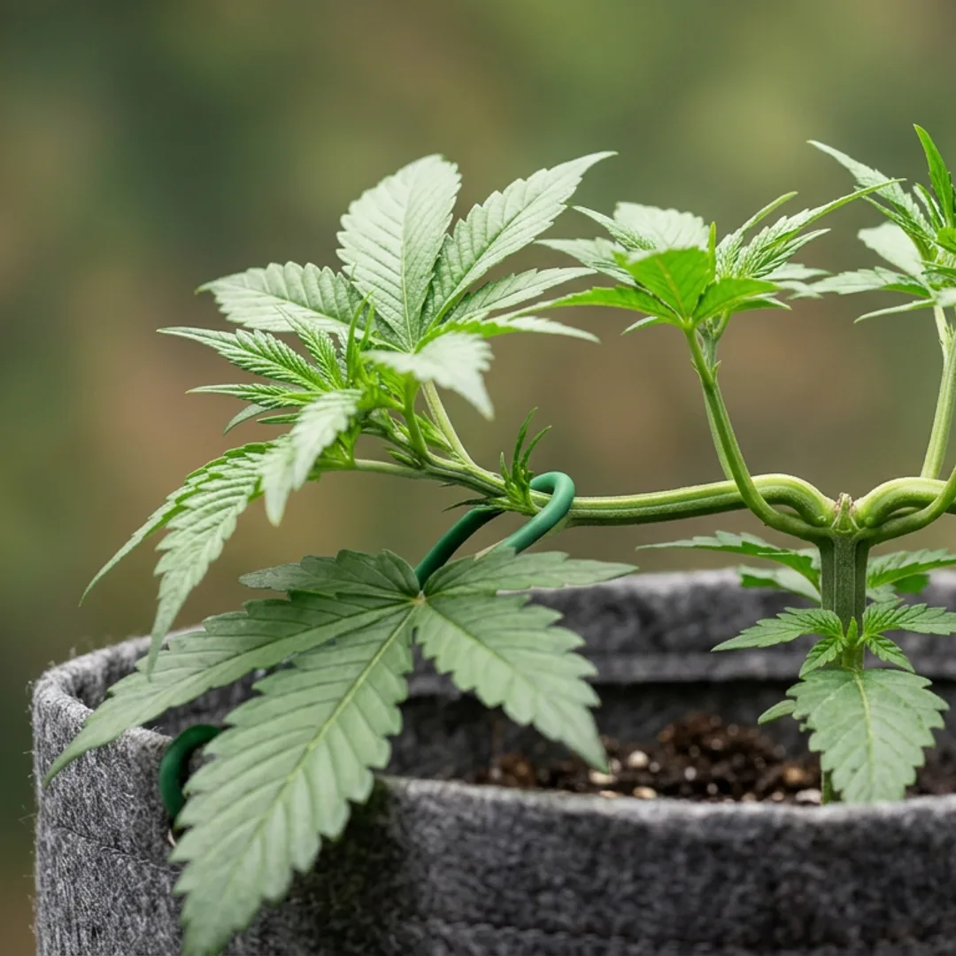 Young cannabis plant with horizontal main stem tied down in fabric pot, side shoots growing upward demonstrating LST technique.