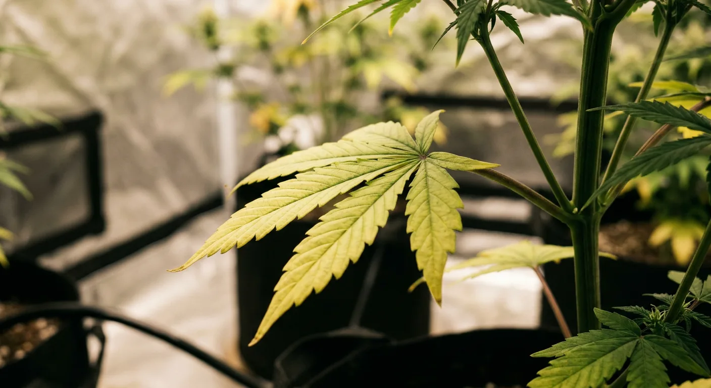 Nitrogen-deficient cannabis fan leaf showing progressive yellowing from tip to base