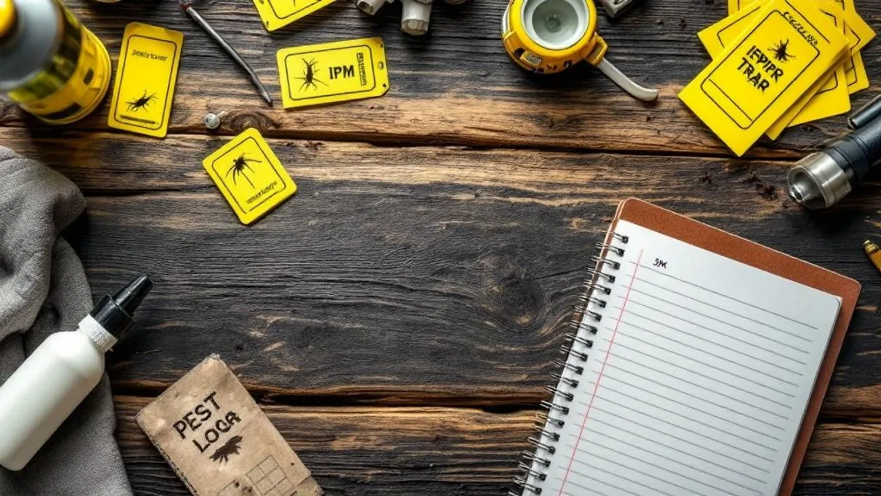 Flat lay of IPM tools including yellow sticky traps, magnifying loupe, spray bottle, and pest log notebook arranged on wood surface.