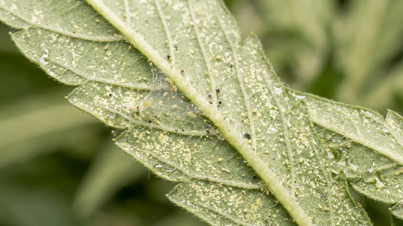 Cannabis leaf underside with visible pest damage including stippling, tiny specks, and sticky residue under magnification.