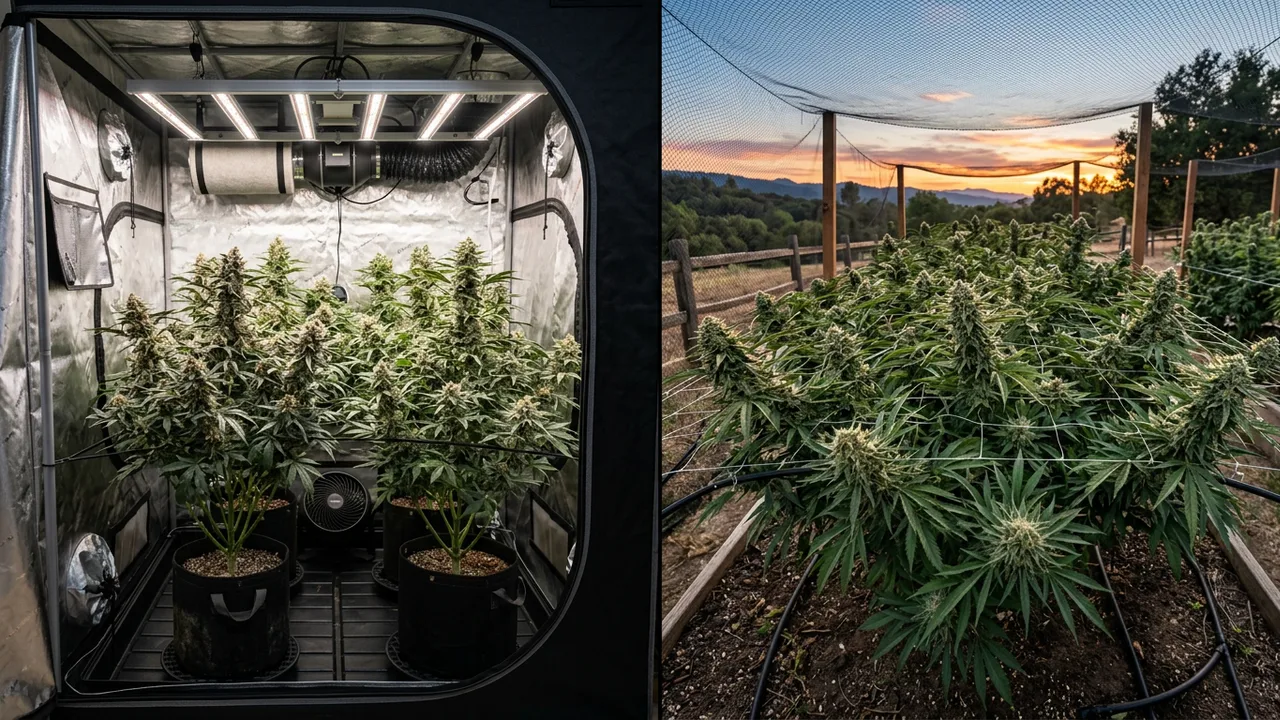 Split-screen comparison of sealed indoor grow tent and outdoor cannabis garden with protective netting at dusk.