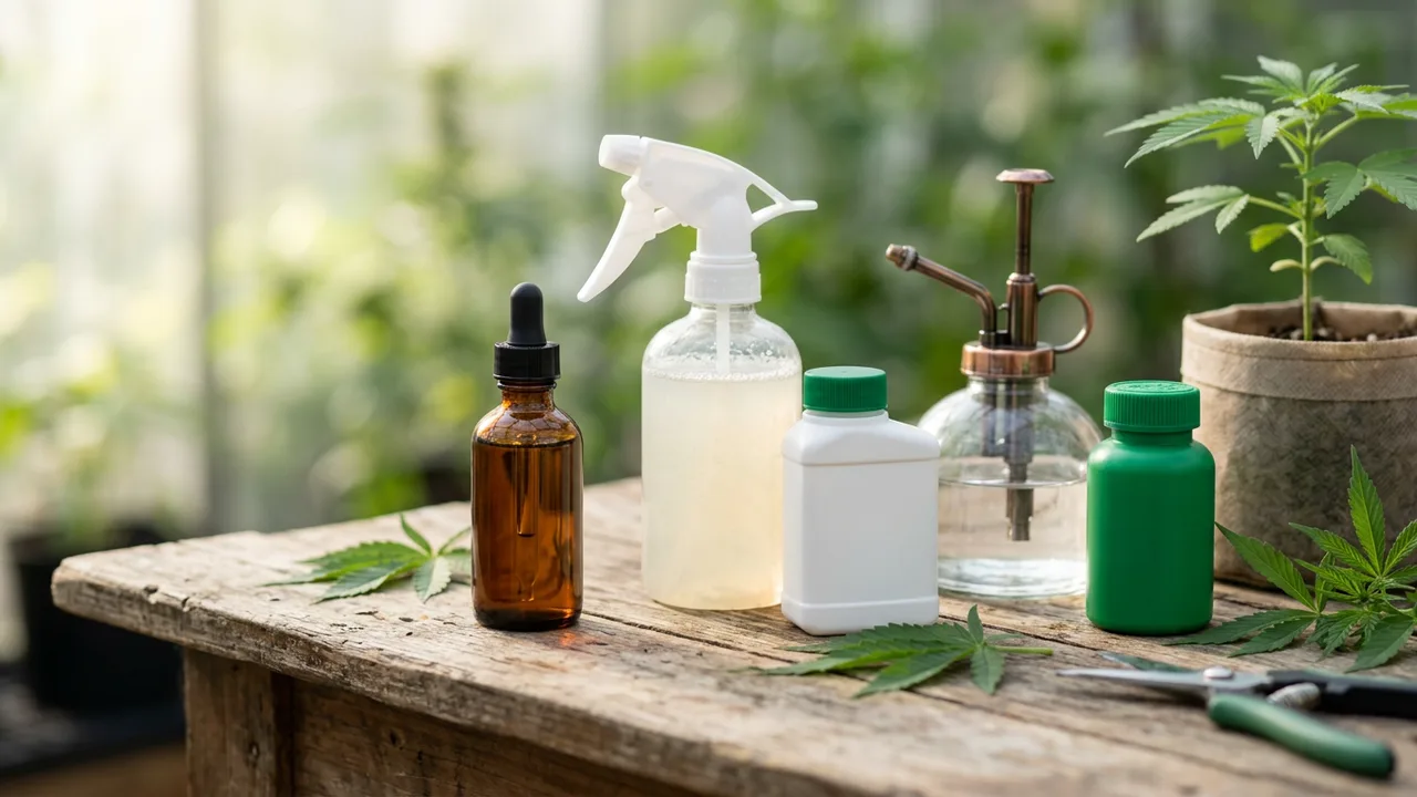 Organic cannabis pest treatment products including neem oil, insecticidal soap, Bt spray, and spinosad arranged on a wooden bench.