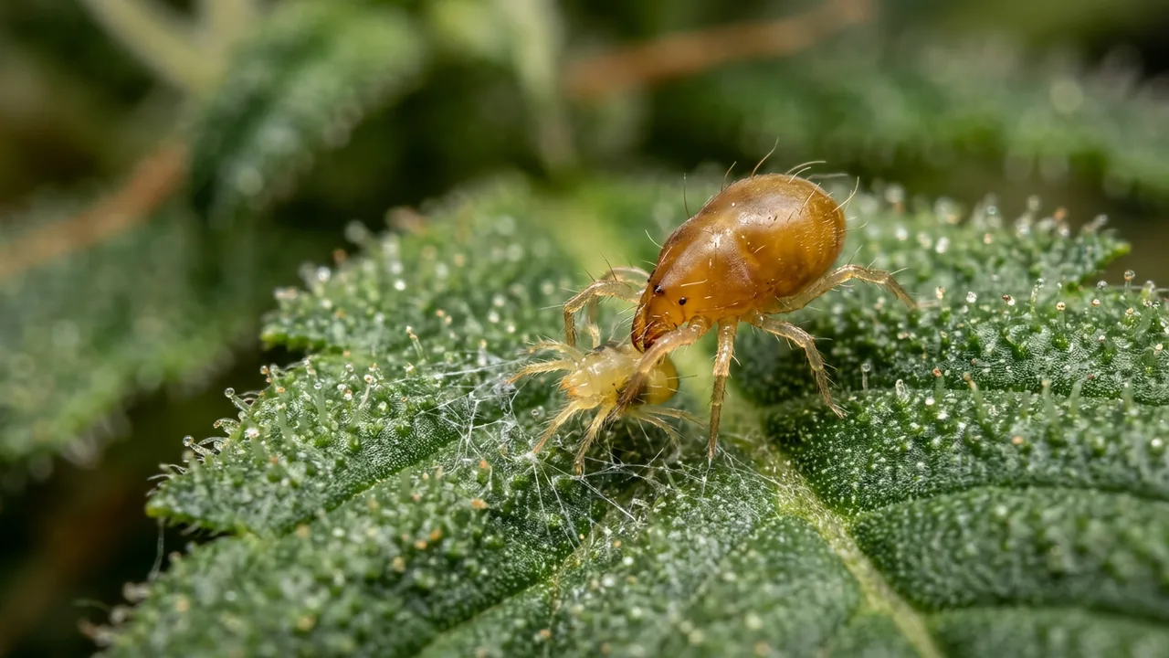Predatory mite attacking a spider mite on a cannabis leaf under magnification with studio lighting.