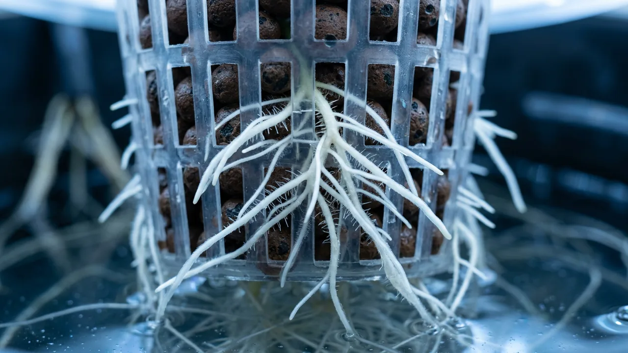 Healthy white cannabis root tips in hydroponic net pot under blue grow light with nutrient solution visible.