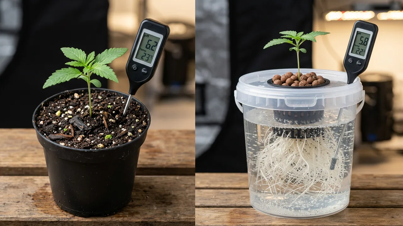 Side-by-side comparison of soil seedling and hydroponic roots with pH meters displaying different readings.