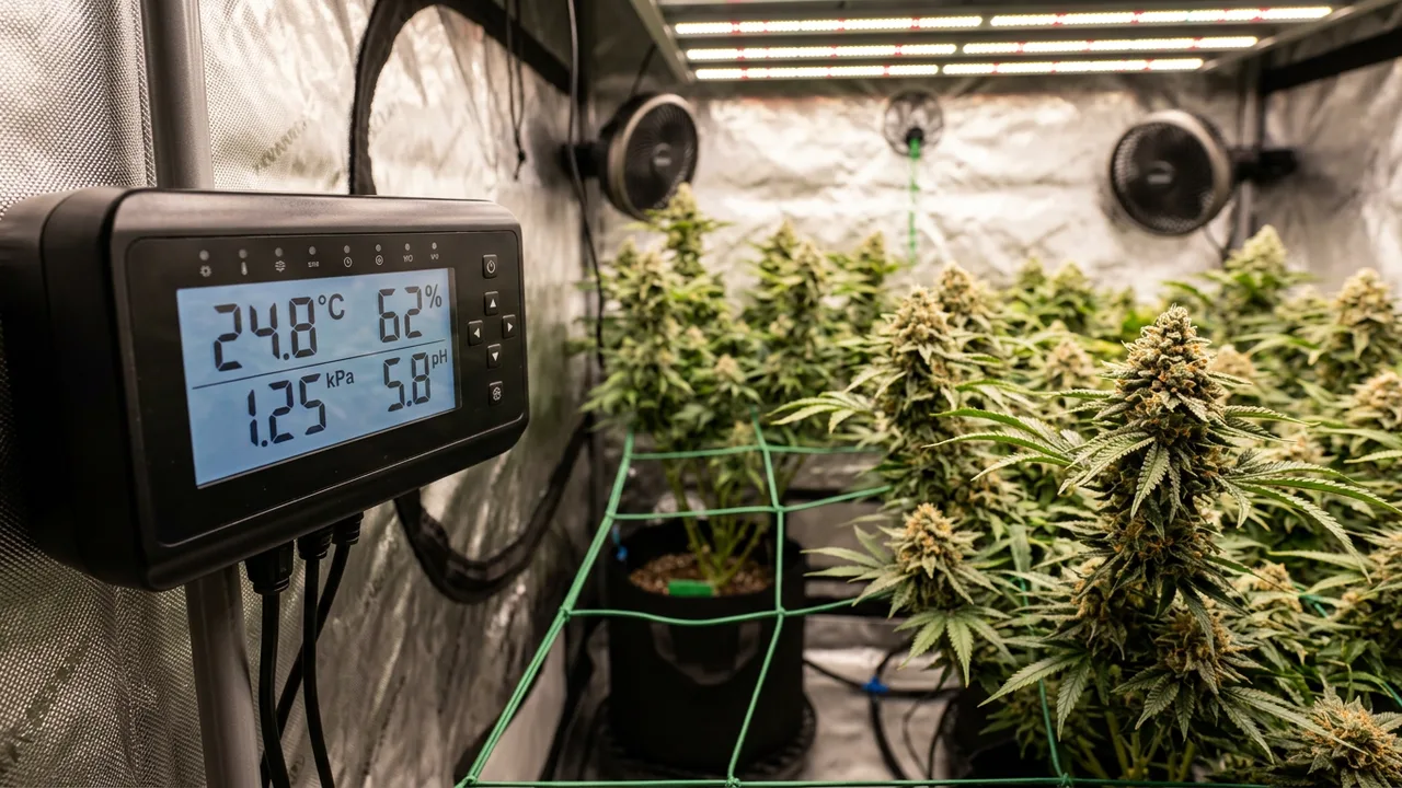 Digital controller displaying pH, temperature, humidity, and VPD readings above flowering cannabis plants in modern grow tent setup.