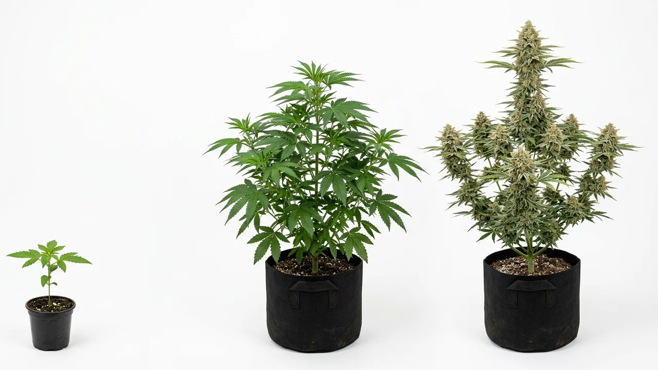 Three cannabis plants at seedling, vegetative, and flowering stages displayed in progression against a white background under studio lightin