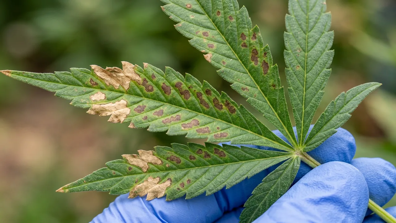 Cannabis leaf with brown interveinal spotting and tan necrotic patches held in gloved hand under natural light.