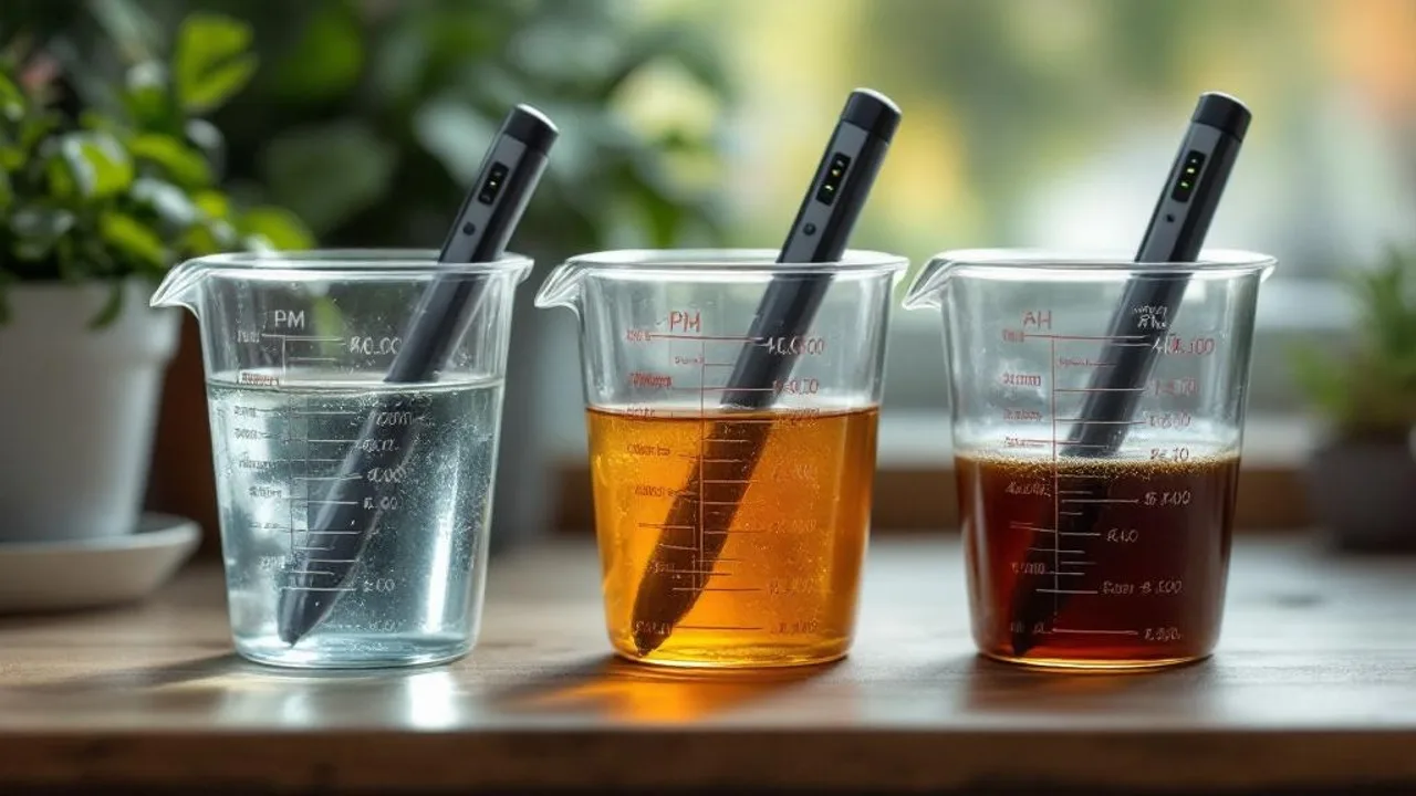 Three measuring cups with pH pens showing water, nutrient solution, and pot runoff at different pH levels on a bench.