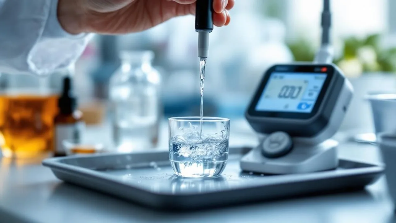 pH meter probe being rinsed with distilled water next to calibration buffer solution sachets in a laboratory setting.