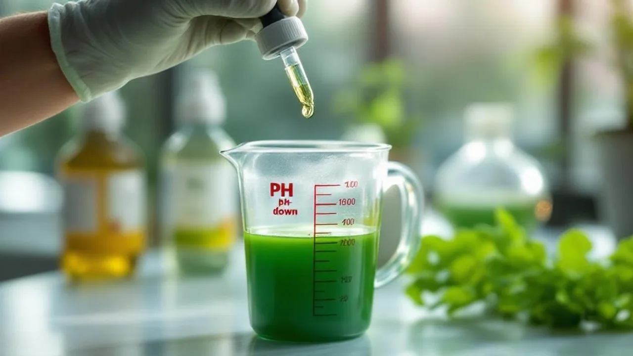 Gloved hand dropping pH-down solution into green nutrient mixture in measuring pitcher with pH adjustment bottles visible in background.
