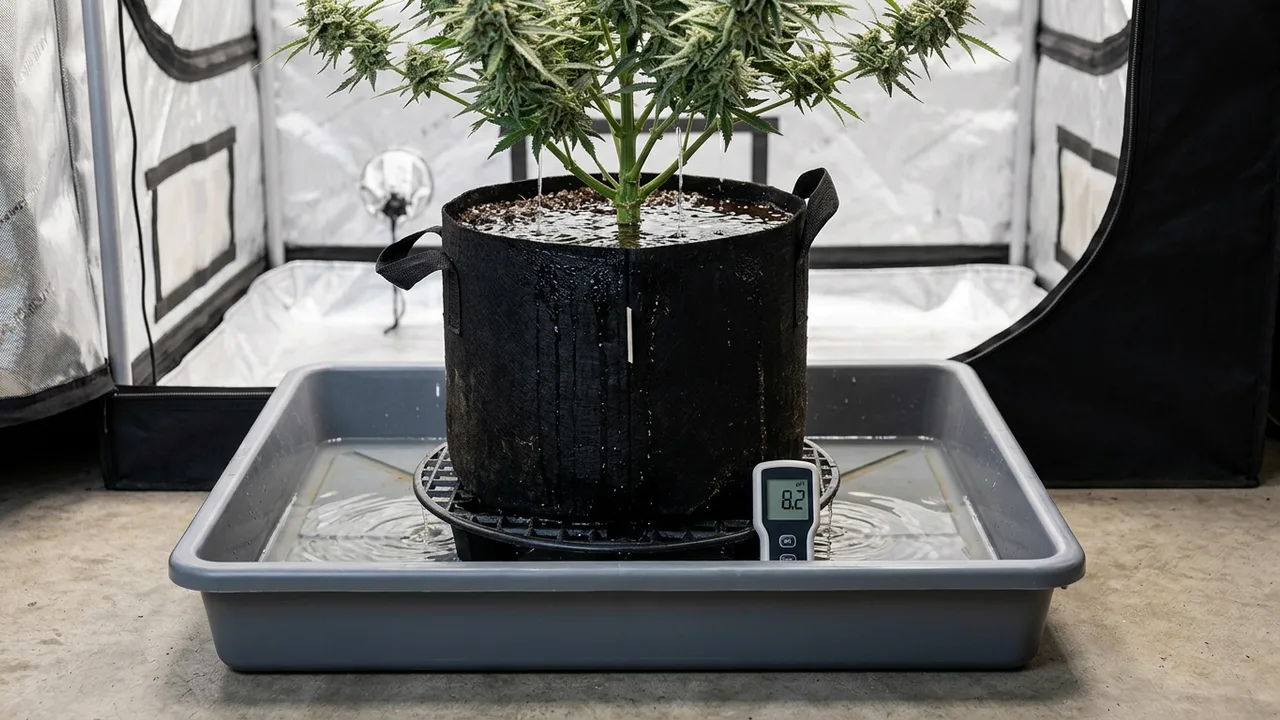 Cannabis plant in fabric pot being flushed with water, pH meter showing out-of-range reading in runoff collection tray below.