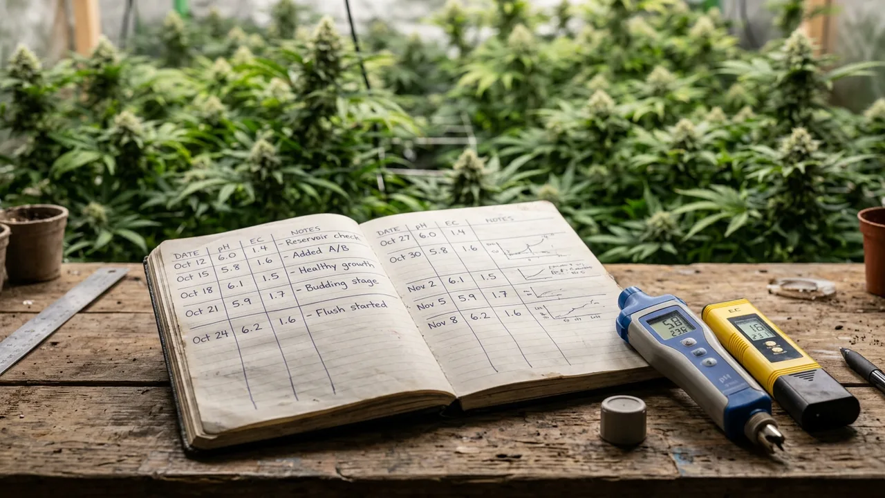 Grower's notebook with pH and EC handwritten logs, digital meters nearby, cannabis plants blurred behind on bench.