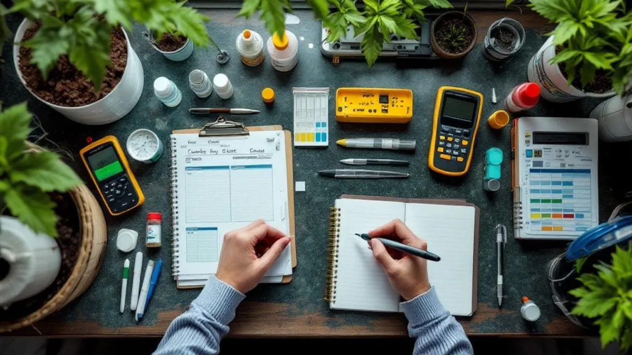 Overhead view of a grow bench divided in half: proper pH testing tools including calibrated meter and buffer solutions on left, versus incor