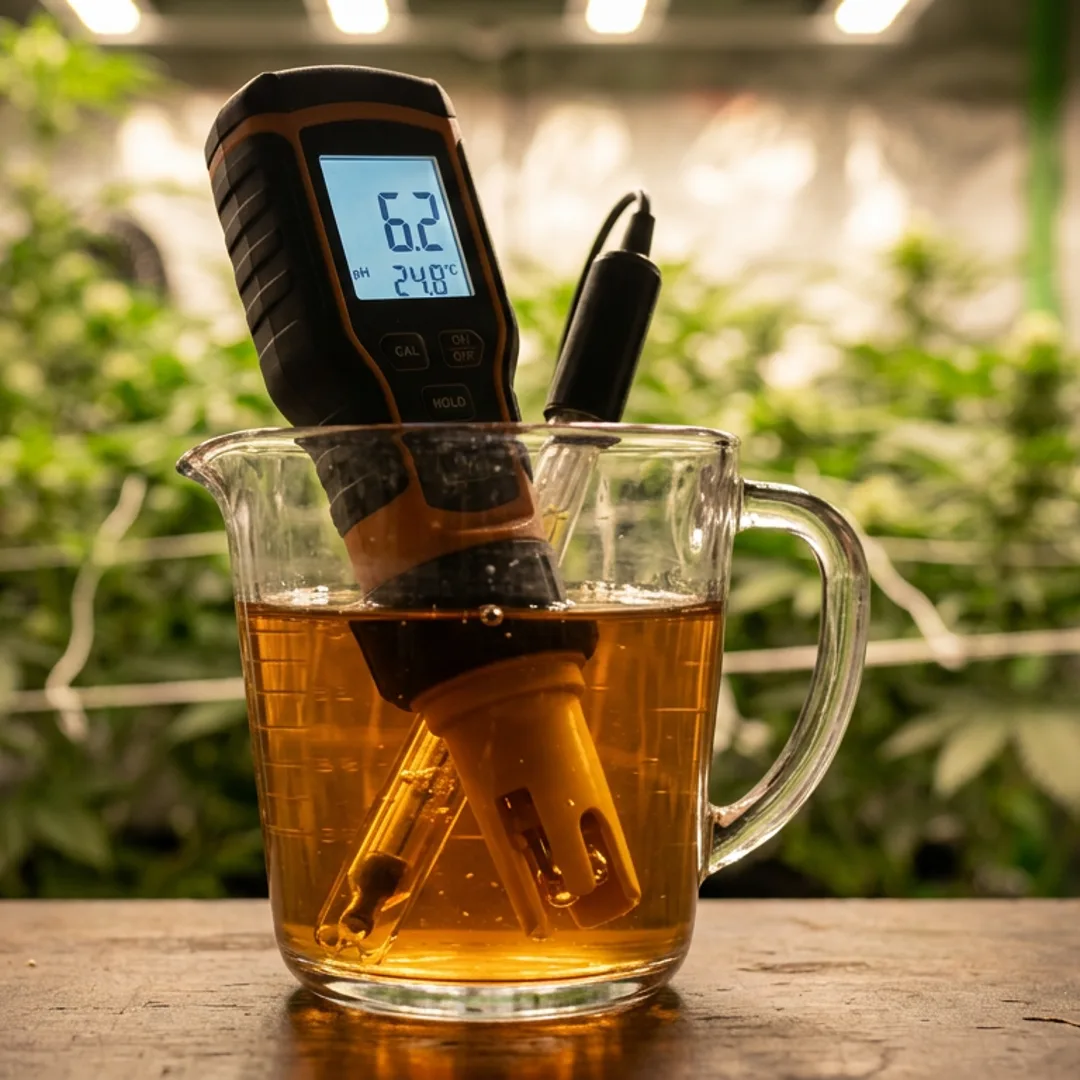 Digital pH meter displaying 6.2 in amber cannabis nutrient solution under grow tent lighting.