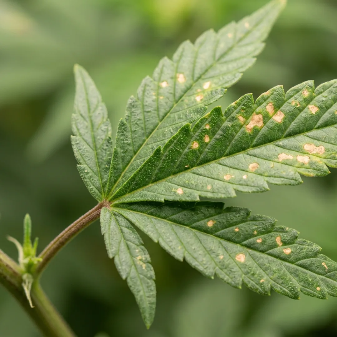 Cannabis fan leaf with early necrotic spotting indicating nutrient deficiency stress under natural light.