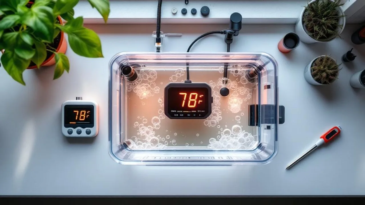 Digital thermometer displaying 78°F in murky hydroponic reservoir water with dissolved oxygen meter and air bubbles on white workbench, over