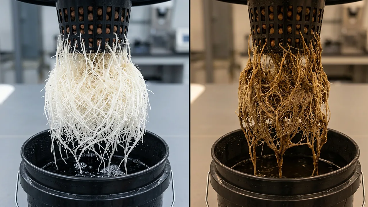 Healthy white cannabis roots beside diseased brown slimy roots in DWC hydroponic system, clinical split-lighting comparison for diagnosis.