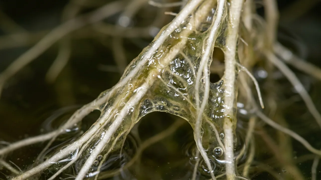 Macro close-up of cannabis roots covered in translucent mucilaginous biofilm in hydroponic water, showing stringy slime texture with greenis