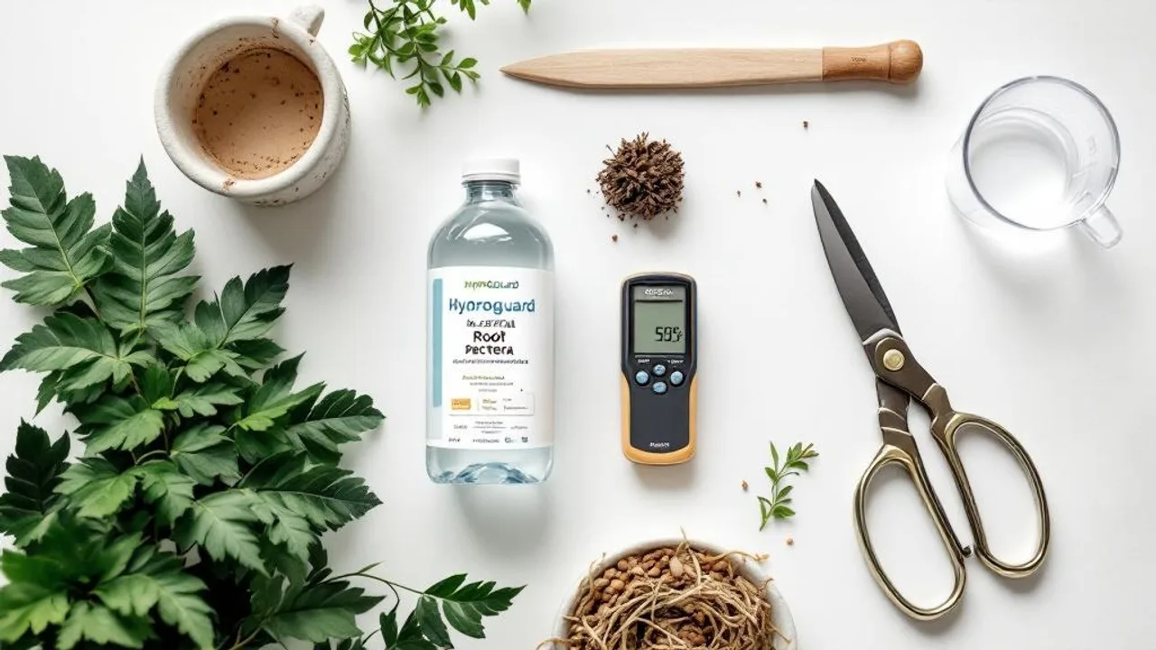 Flat lay of root rot treatment supplies including hydrogen peroxide, Hydroguard bacteria, pruning scissors, pH meter, measuring cup, and air
