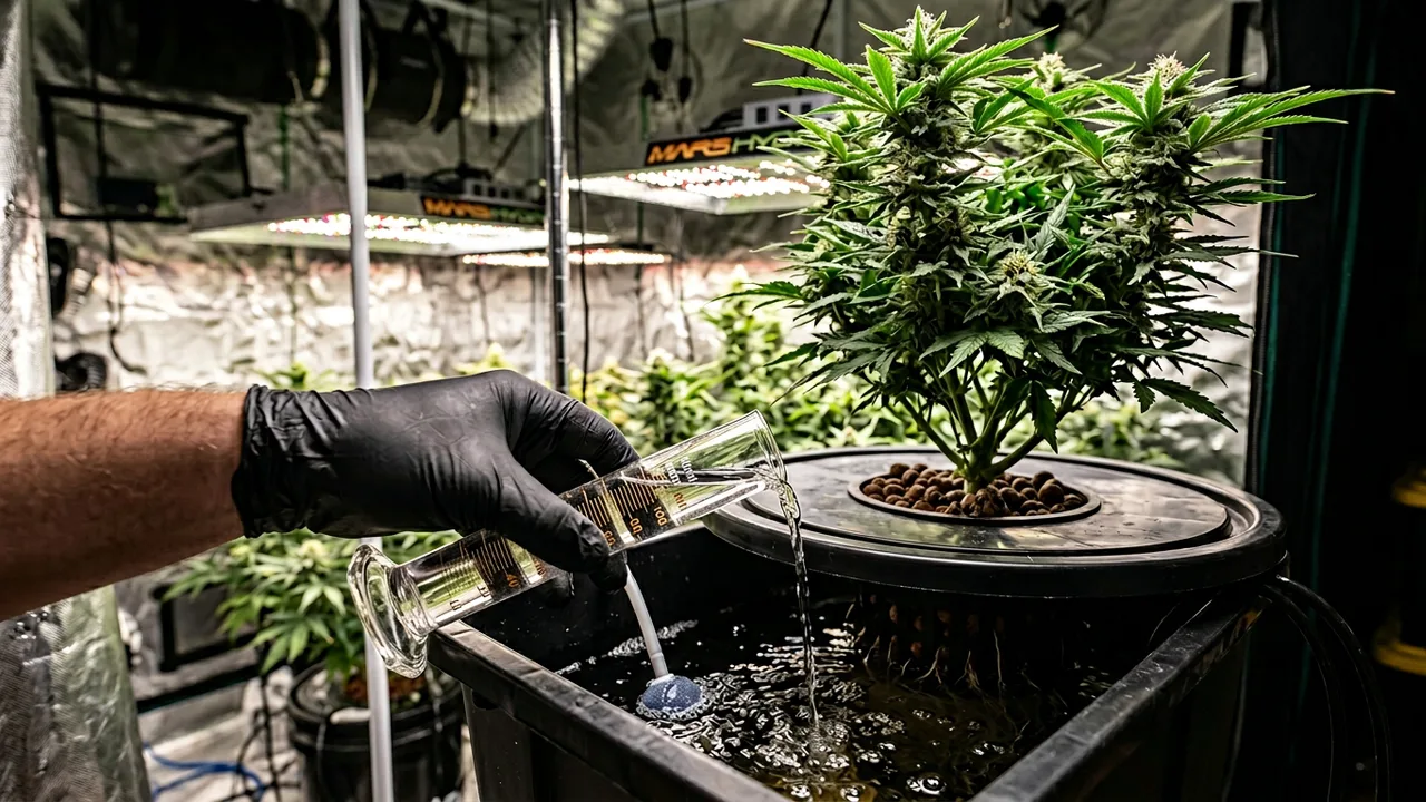 Grower pouring hydrogen peroxide into a DWC hydroponic reservoir to treat root rot, with cannabis plant and LED grow lights visible.