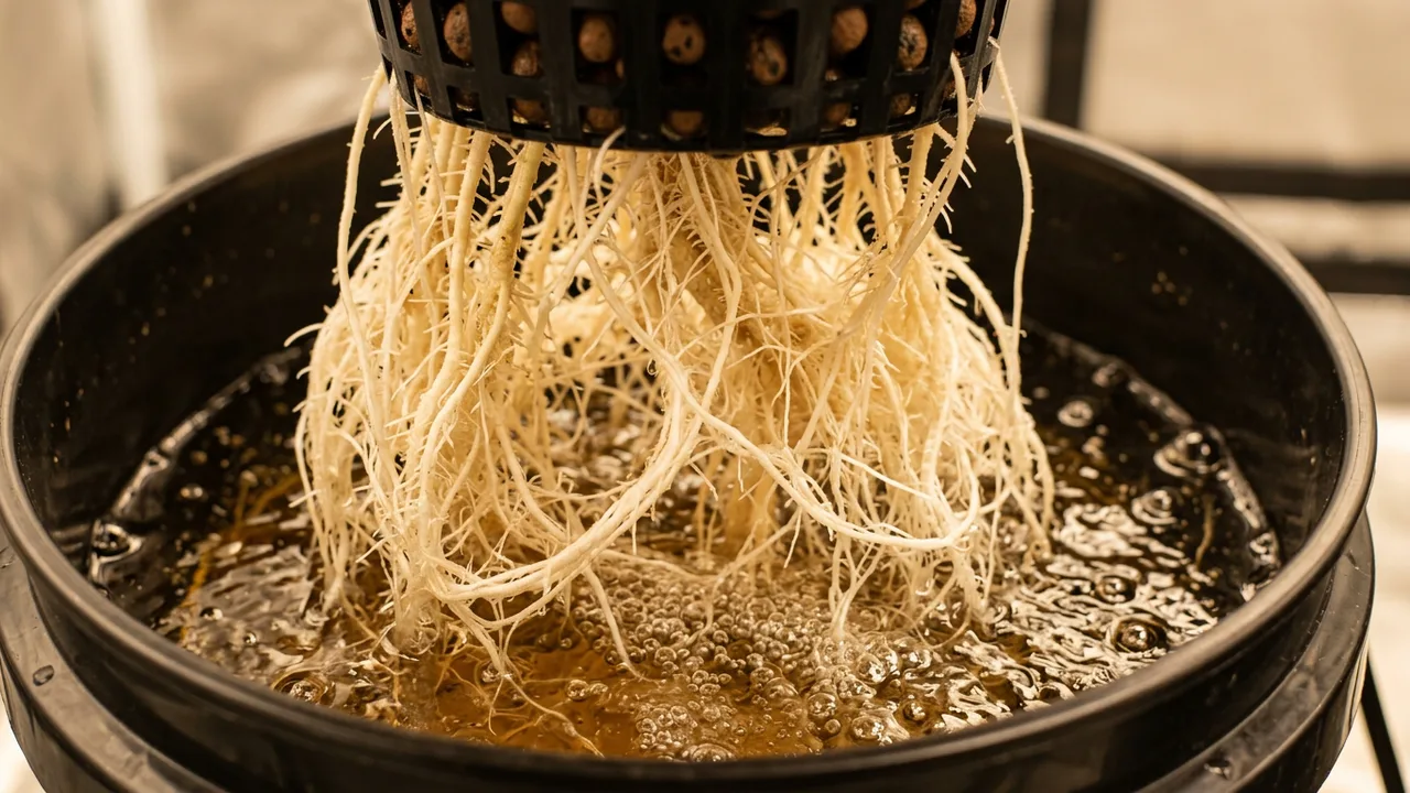 Healthy white cannabis roots suspended in light brown nutrient solution within a DWC bucket, with air bubbles and visible beneficial bacteri