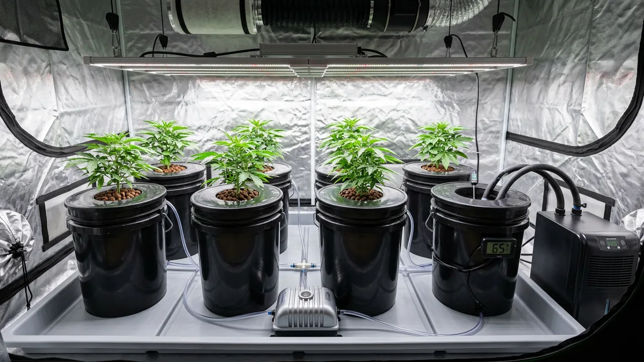 Well-organized DWC hydroponic system with black buckets, air pump, chiller unit, and thermometer reading 65°F in a clean grow tent.