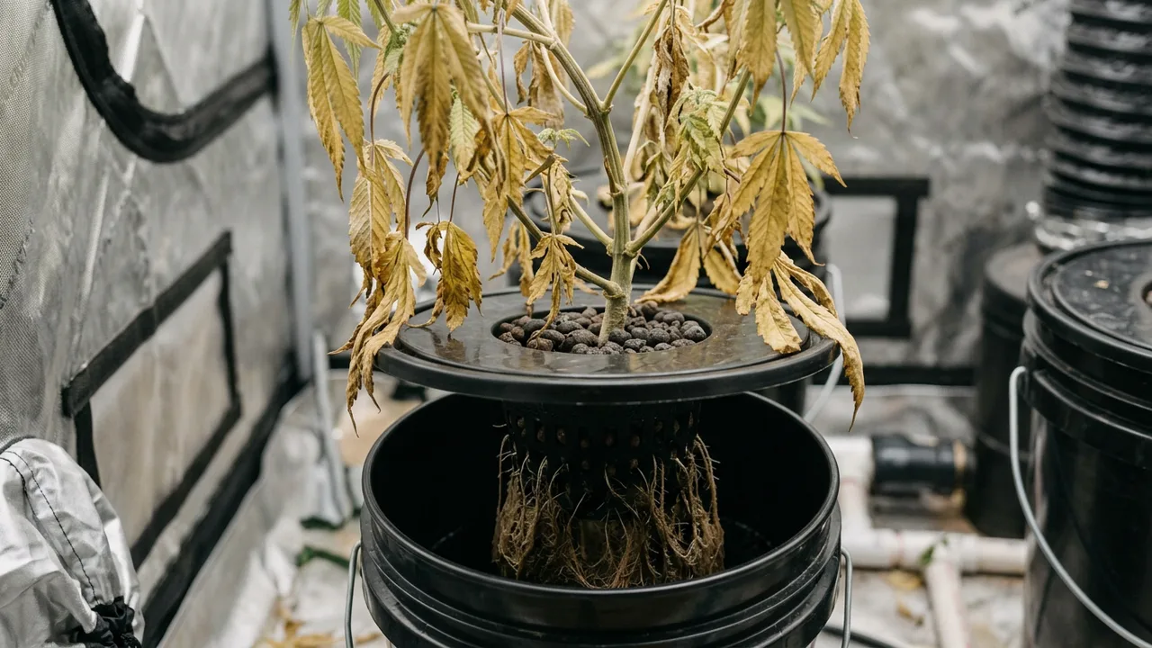 Severely wilted cannabis plant with yellowed drooping leaves and dark brown mushy roots in DWC bucket showing advanced root rot decay.